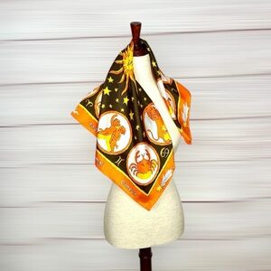 Burmel Silk Blend Scarf Vintage Zodiac Astrology Orange Brown Yellow 26x26"